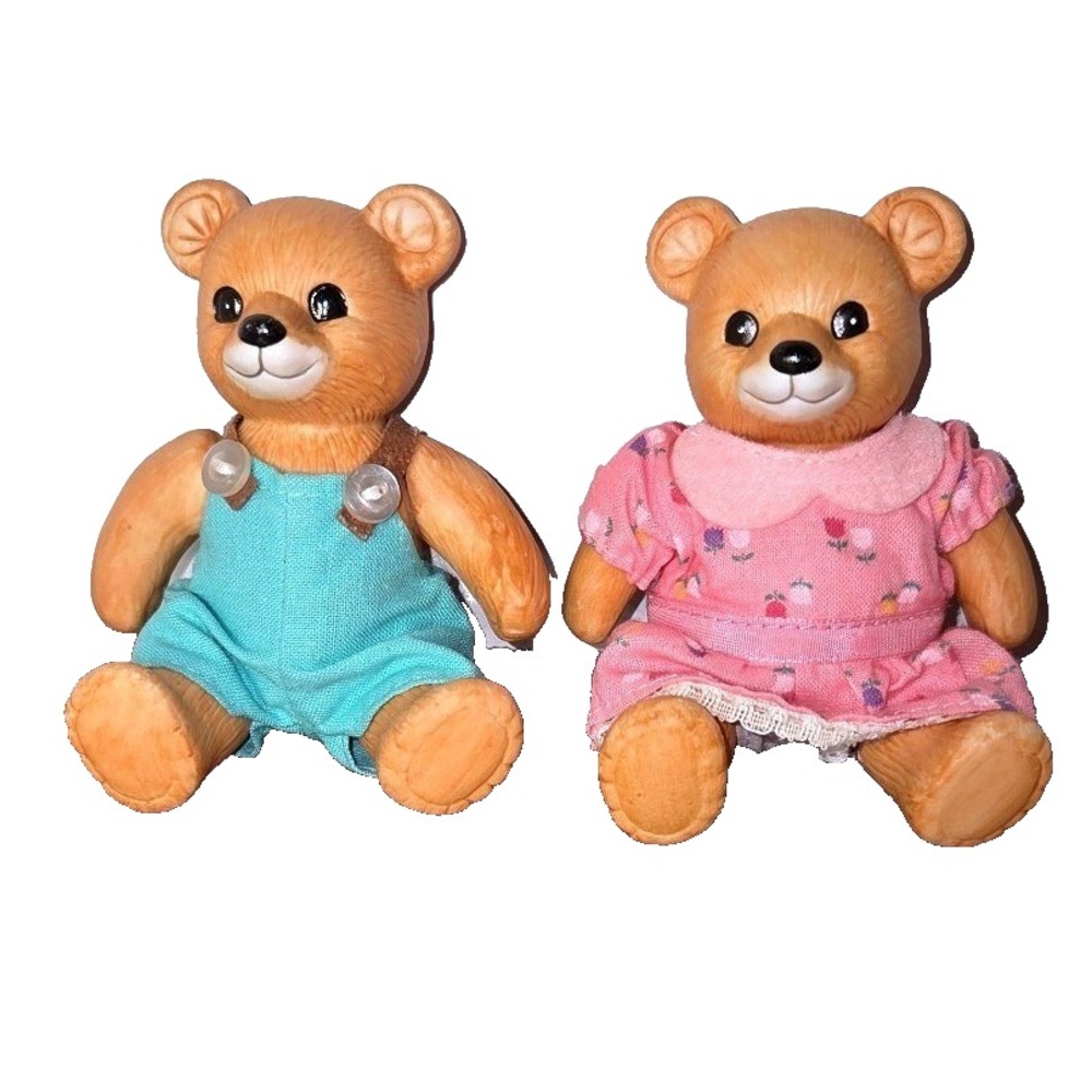 Vintage Miniature Bear Figurines Set of 2 Pink Dress Teal Overalls 3 Inch Toy